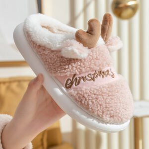 Pink Color Fluffy Elk Slippers